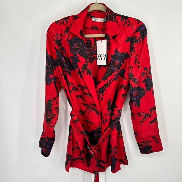 Zara Red Floral Wrap blouse Jacket Womens size Medium Asian pattern belted new - Picture 5 of 13